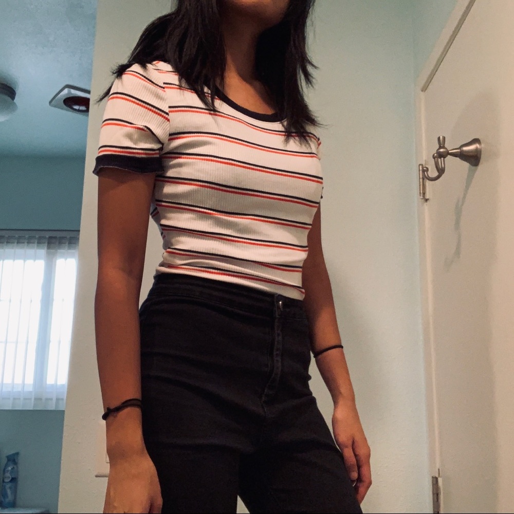 navy blue and red striped ribbed bodysuit